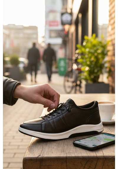 Enoch Hakiki Deri Yüksek Tabanlı Erkek Sneaker Ortopedik Taban Siyah