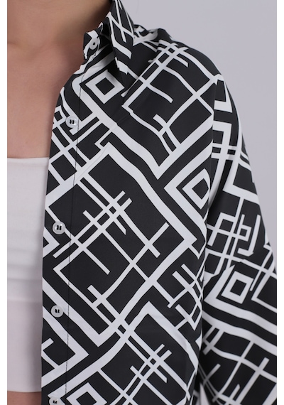 Armonika Kadın Siyah Kare Desen Oversize Uzun Basic Gömlek Arm-22y001144
