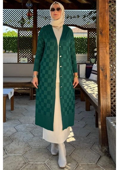 Rabia Şamlı Dama Desenli Triko Hırka Zümrüt Normal