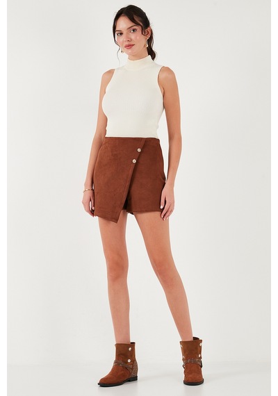 Lela Asimetrik Kışlık Scuba Süet Düğme Detaylı Slim Fit Bayan Şort Etek 5865968 Taba