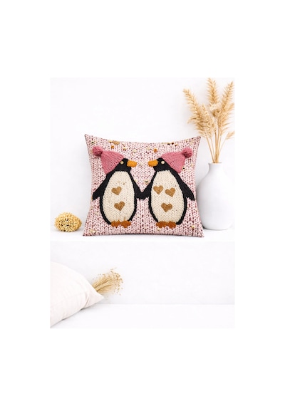 3boyutlu Kalpli Penguen Detaylı Sevimli Dekoratif Kırlent Kılıfı 45x45 Cm Pembe
