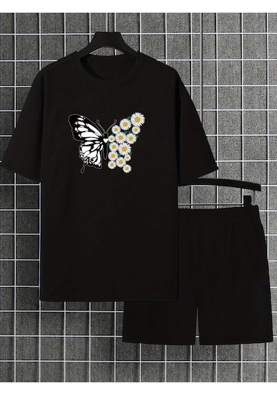 Uyguntarz Unisex Papatyakelebek Tasarım Basklı Tshirt Eşofman Takımı Siyah