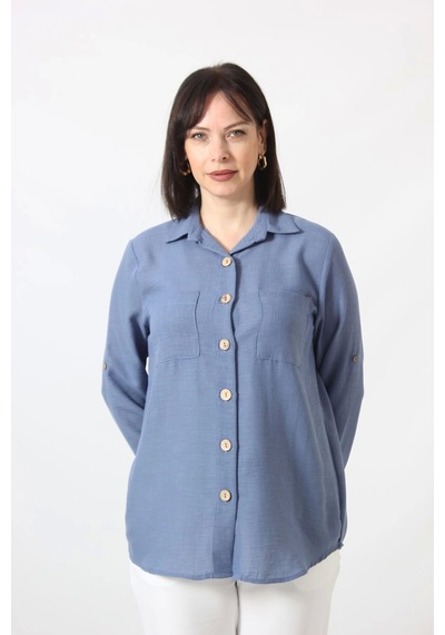 Moda Berray İb-077 İndigo Pamuk Keten Kolu Apoletli İki Cepli Kadın Büyük Beden Gömlek İndigo Moda Berray İb-077 İndigo Pamuk Keten Kolu Apoletli İki Cepli Kadın Büyük Beden Gömlek İndigo