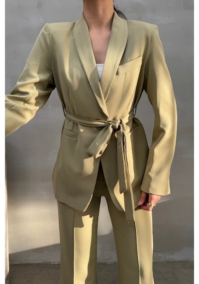 Msm Fashion Kadın İkili Kuşaklı Blazer Ceket Pantolon Takım Açık Haki