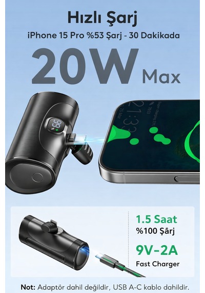 Direkt Telefona Takılan Mini Powerbank 5000 Mah Type-c Girişli Tüm Cihazlarla Uyumlu, Led Ekranlı, Standlı 5000 Mah