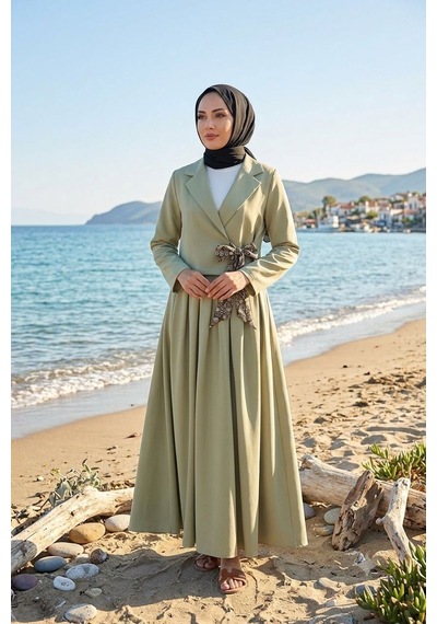 Lovie Moda Ceket Çapraz Bağlamalı Fular Detaylı Haki