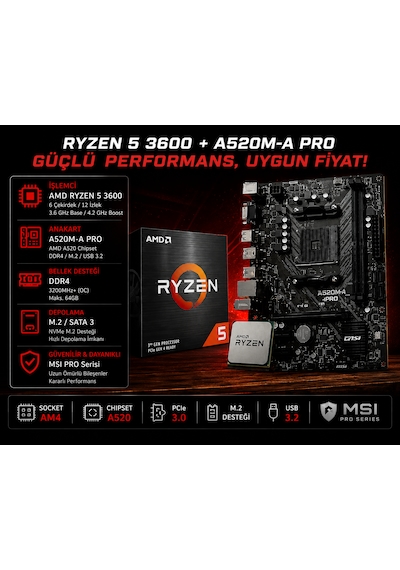 Msı A520m-a Pro Anakart Ryzen 5 3600 İşlemci Bundle Set