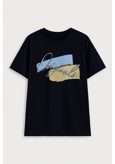Markapia Kadın Pamuk Bisiklet Yaka Baskılı T-shirt Lacivert 2XL