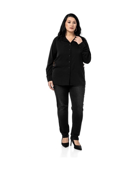 Disentis Büyük Beden Yanlarda Deri Toka Detaylı Siyah Gömlek Siyah