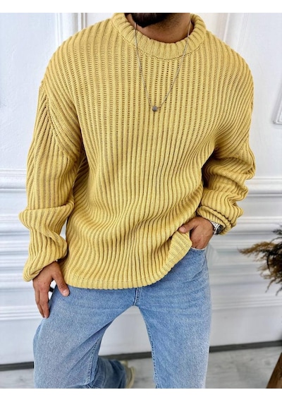 Elku Moda Oversize Kazak Bol Kesim Tüylenmeyen Salaş Triko Kazak Hardal