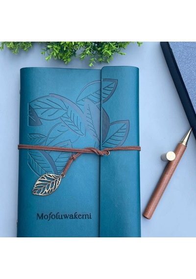 Kişiye Özel İsim Yazılı Yaprak Desenli Deri Defter Ve Kalem Hediye Seti Mavi