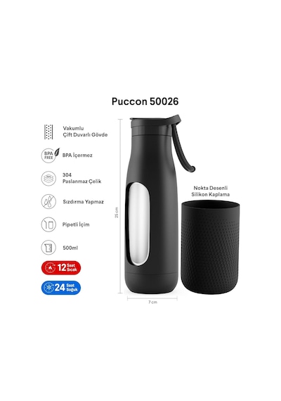 Siyah 500 Ml Çelik Okul Matarası - Silikon Gövdeli Nokta Çelik Termos - 50026 Çok Renkli