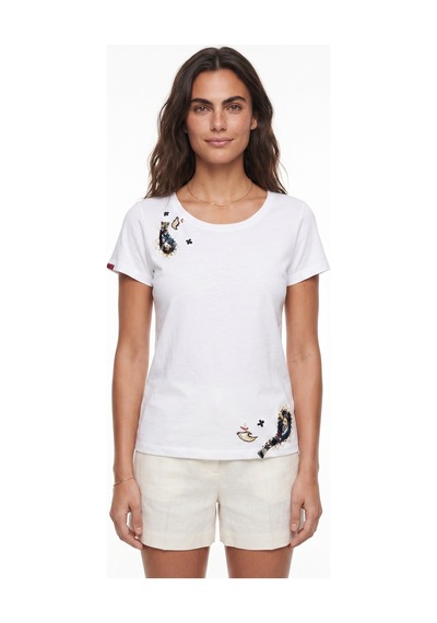 Onloox Kadın Beyaz Beyaz Pamuklu Bisiklet Yaka Kısa Kollu Sanatsal El İşi Nakış Detaylı Premium Tasarım T-shirt