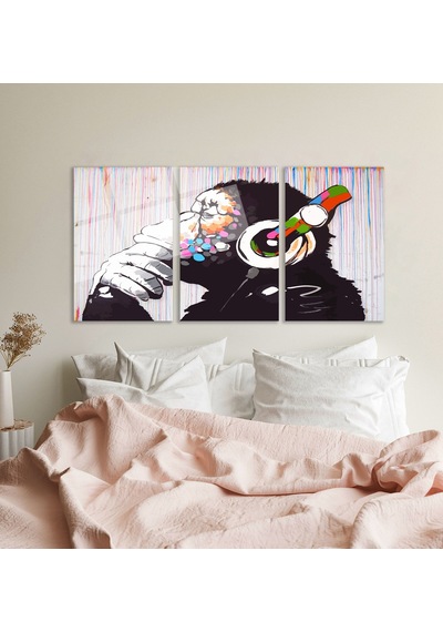 3'lü Set Cam Tablo Kulaklıklı Goril Banksy Pop Art Dekorasyon