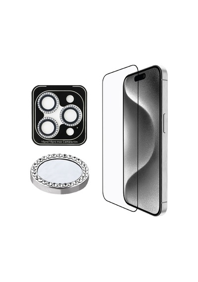 Apple Uyumlu   iPhone 16 Pro Max Guess Lisanslı Rhinestone Ekran Ve Lens Koruyucu 2in1 Aksesuar Seti Gümüş