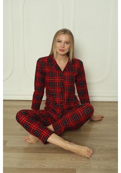 Wordex Fawn 3702 Boydan Düğmeli Soft Süet Kışlık Kareli Kadın Pijama Takımı Kırmızı
