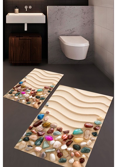 Dijital Baskılı Yıkanabilir Deniz Kabuğu Desenli Kaymaz Taban 2'li Banyo Paspas Seti Renkli