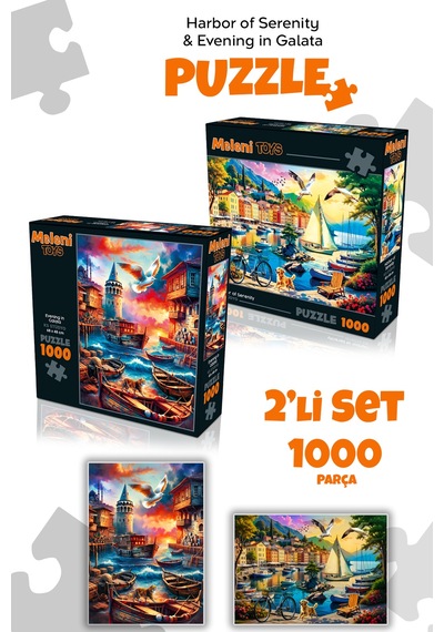 2 Adet 1000 Parça Puzzle - Galata Kulesi Manzaralı Ve Limanda Sakinlik Yapboz 68x48 Cm