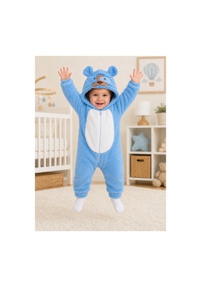 Kız Erkek Bebek Welsoft Peluş Tulum Kapüşonlu Fermuarlı Kışlık Bebek Tulumu Köpek Figürlü Yumuşak Polar Tulum Mavi