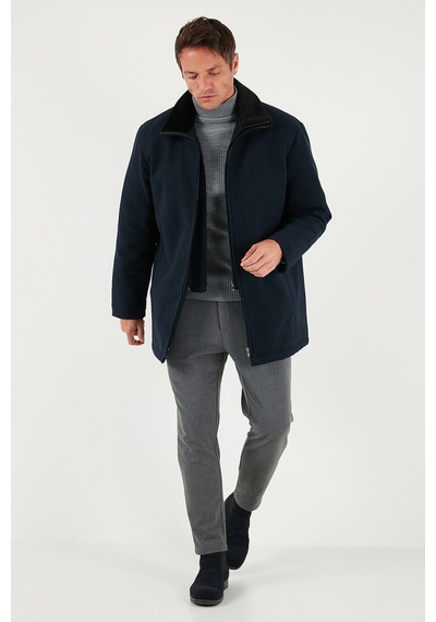 Buratti Slim Fit Çıkarılabilir Tüylü Yaka Detaylı Astarlı Kaşe Erkek Kaban 58400217 Lacivert