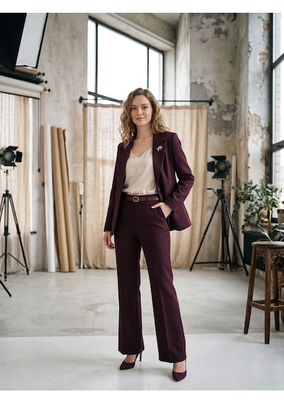 Prenses Kadın Yüksek Bel Kemerli Blazer Ceket Takım bordo