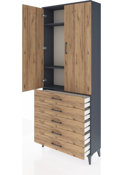 Arges Dolap 3 Raflı 5 Çekmeceli 2 Kapaklı 88x30x221 Antrasit-çam Antrasit