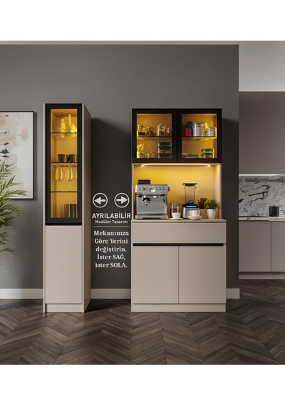 Viona Kum Beji Midi Sol Vitrinli Komple Mdf Led Aydınlatmalı Kahve Köşesi Bej