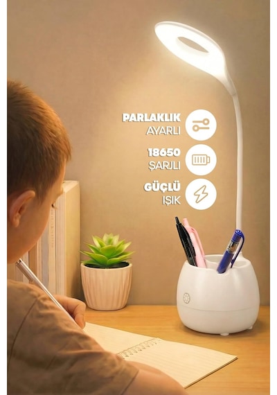 Şarjlı Masa Lambası Işık Ayarlanabilir Kalemlik Telefon Stand Ders Çalışma Okuma Işığı 0620 Beyaz Diğer