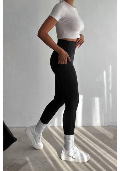 Balenbi Haute Kadın Yüksek Bel Toparlayıcı Çift Cepli Leggings Fitness Tayt 1092 Siyah