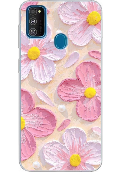 Samsung Galaxy M30s/m21 Uyumlu Pembe Beyaz Çiçekler Sulu Boya Baskılı Silikon Kılıf Renkli