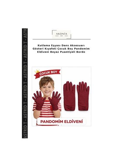 Astrid T Kutlama Eşyası Dans Aksesuarı Gösteri Kıyafeti Çocuk Boy Pandomim Eldiveni Beyaz Puantiyeli Bordo 00-kırmızı