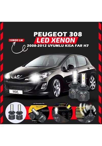 Peugeot 308 2008-2012 Kısa Far Uyumlu Şimşek Etkili Led Xenon Premium Series H7