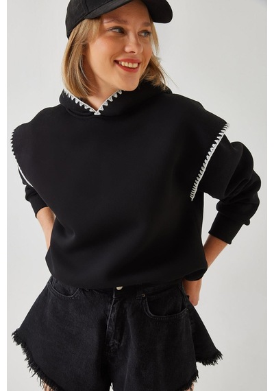 Shade Kadın Kapişonlu Dantel Detaylı Sweatshirt 60601028 - Siyah