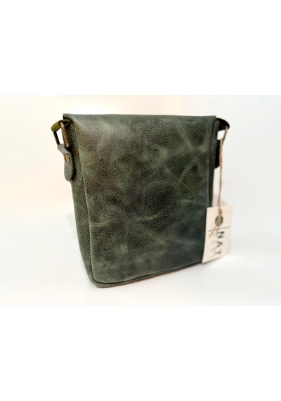 Natderi Hakiki Deri Unisex Omuz Ve Postacı Çanta - Ayarlanabilir Askılı Haki Renk 20x22 Cm Haki