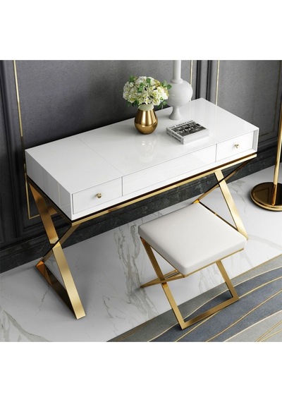 Alisha Gold Metal Beyaz Makyaj Masası & Tabure