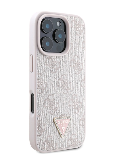 Apple Uyumlu iPhone 16 Pro Max Kılıf Guess Lisanslı Pu Deri Taşlı Üçgen Logo 4g Desenli Strass Kapak Pembe