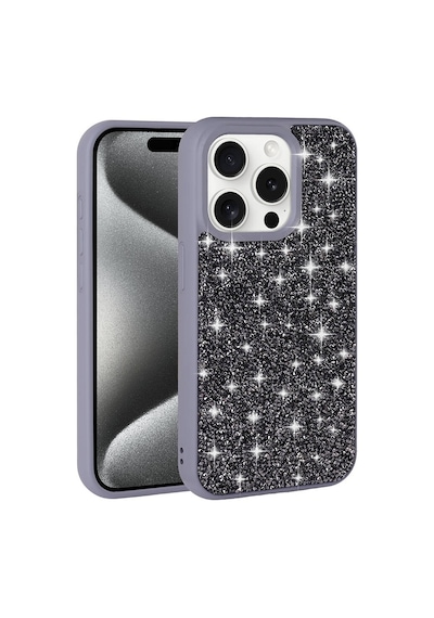 Apple Uyumlu iPhone 15 Pro Kılıf Simli Pırlanta Taşlı Kamera Yükseltili Silikon Ata Pro Tech Siyah