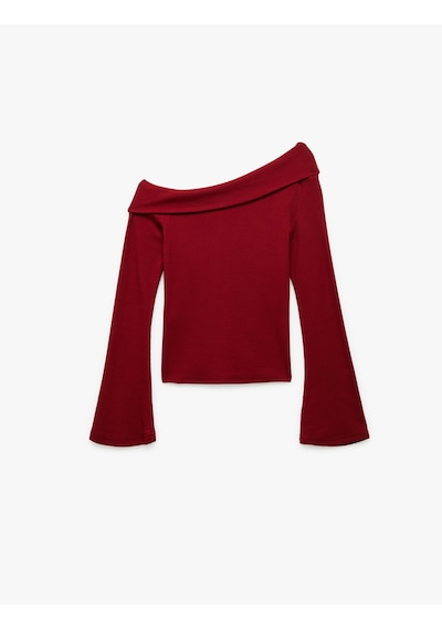 Koton Pamuklu Slim Fit Uzun İspanyol Kollu Omzu Açık Tişört Bordo 6wak50039ek Bordo