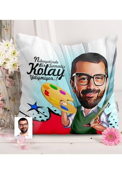 Kişiye Özel Bay Ressam Karikatürlü Saten Yastık - 1