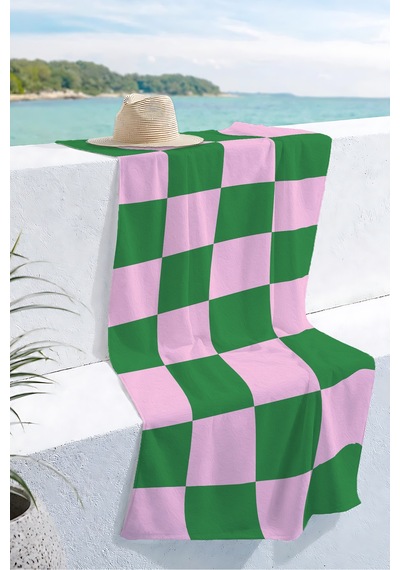 Damalı Kareli Pembe Yeşil Plaj Havlusu - Modern Geometrik Havuz Deniz Hızlı Kuruyan Mikrofiber Havlu Köpük Esinti