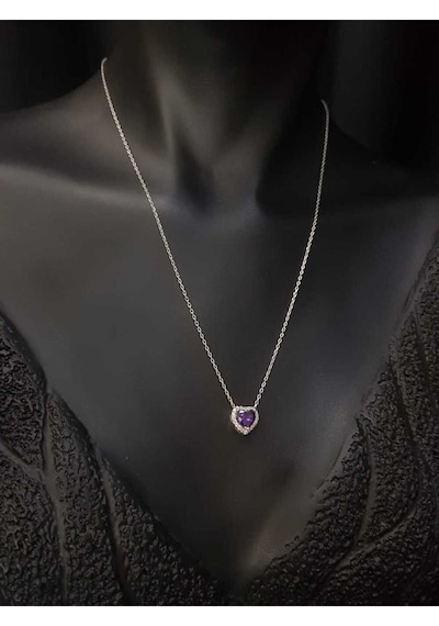 Vog Swarovski Taşlı S Model Ametis Kalp Taş Detay Gümüş Sevgiliye,arkadaşa Kolye
