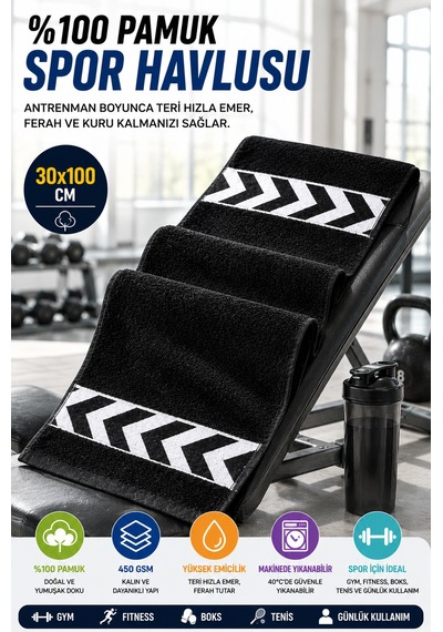 Siyah 30x100 Cm %100 Pamuk 450 Gsm Spor Havlusu Fitness Gym Boks Tenis Golf Yüz Havlusu Yıkanabilir