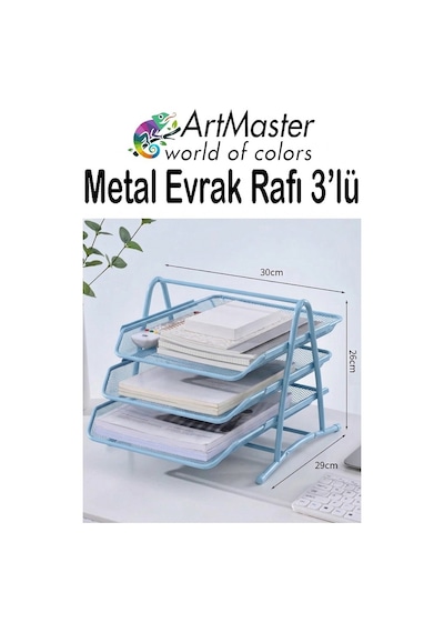 Mavi Metal Evrak Rafı 3 Lü 1 Paket Masaüstü A4 Dosya 3 Katlı Düzenleyici Kağıt Tepsisi Metal Fileli Hareketli Mavi