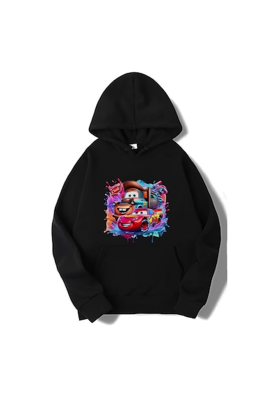Brz Collection Unisex Oversize - Cars - Mcqueen & Tow Mater Best Friends Hoodie Siyah