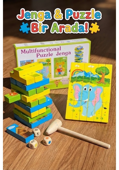 Eğitici Ahşap Resimli Jenga Ve Puzzle Seti - Çekiçli Denge Kulesi Zeka Oyunu Montessori