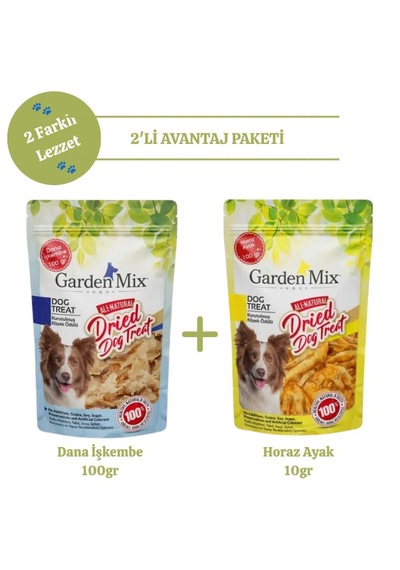 Garden Mix 2'li Avantaj Paketi Dana Işkembe 100 G + Horoz Ayak 100 G Doğal Köpek Ödülü