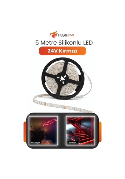 24v Dış Mekan M/60 2835 Kırmızı Led Şerit 5 Metre, Kesilebilir Ve Eklenebilir