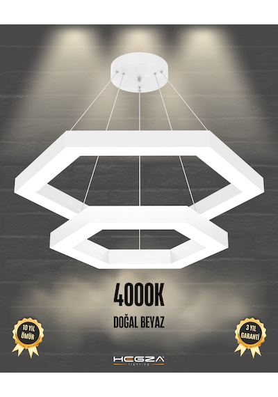 Hexagon Piramit Beyaz Kasa, Doğal Beyaz Işık Modern Led Avize Beyaz