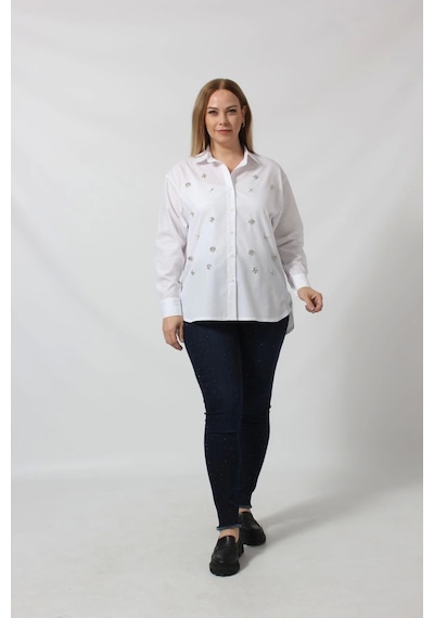 Moda Berray Beyaz Taş İşlemeli Şık Gömlek