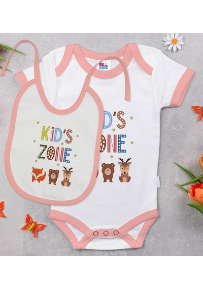 Bk Kids Kid's Zone Tasarımlı Pembe Bebek Body Zıbın Ve Mama Önlüğ Çok Renkli